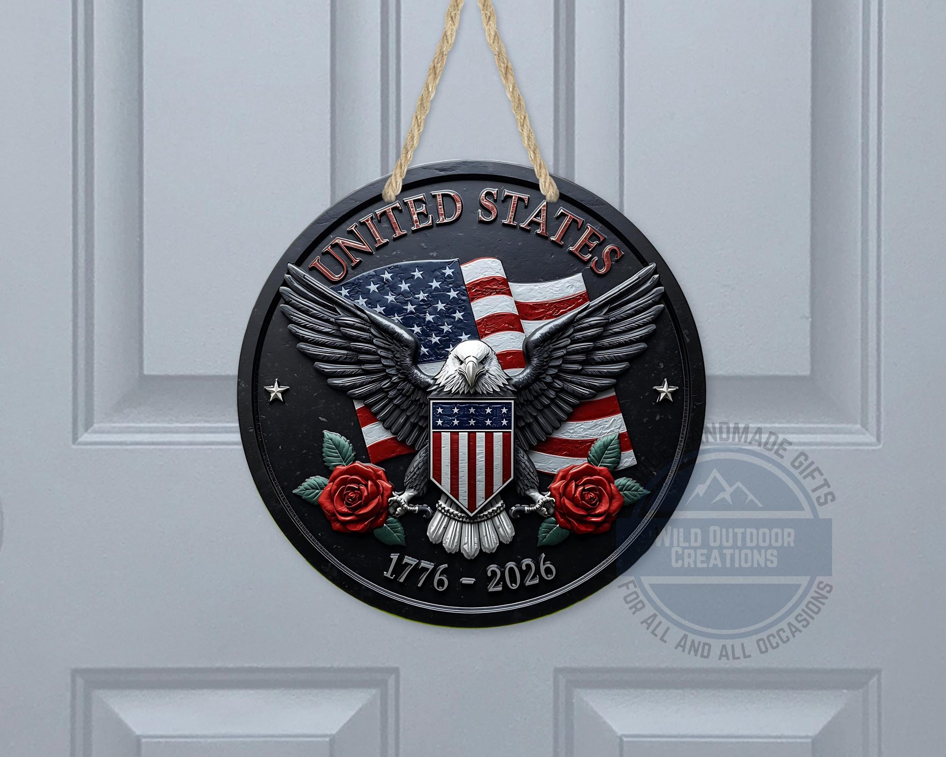 American Eagle Door Hanger - Round Aluminum Patriotic Door Sign, Veteran Gift Idea - gift presentation view