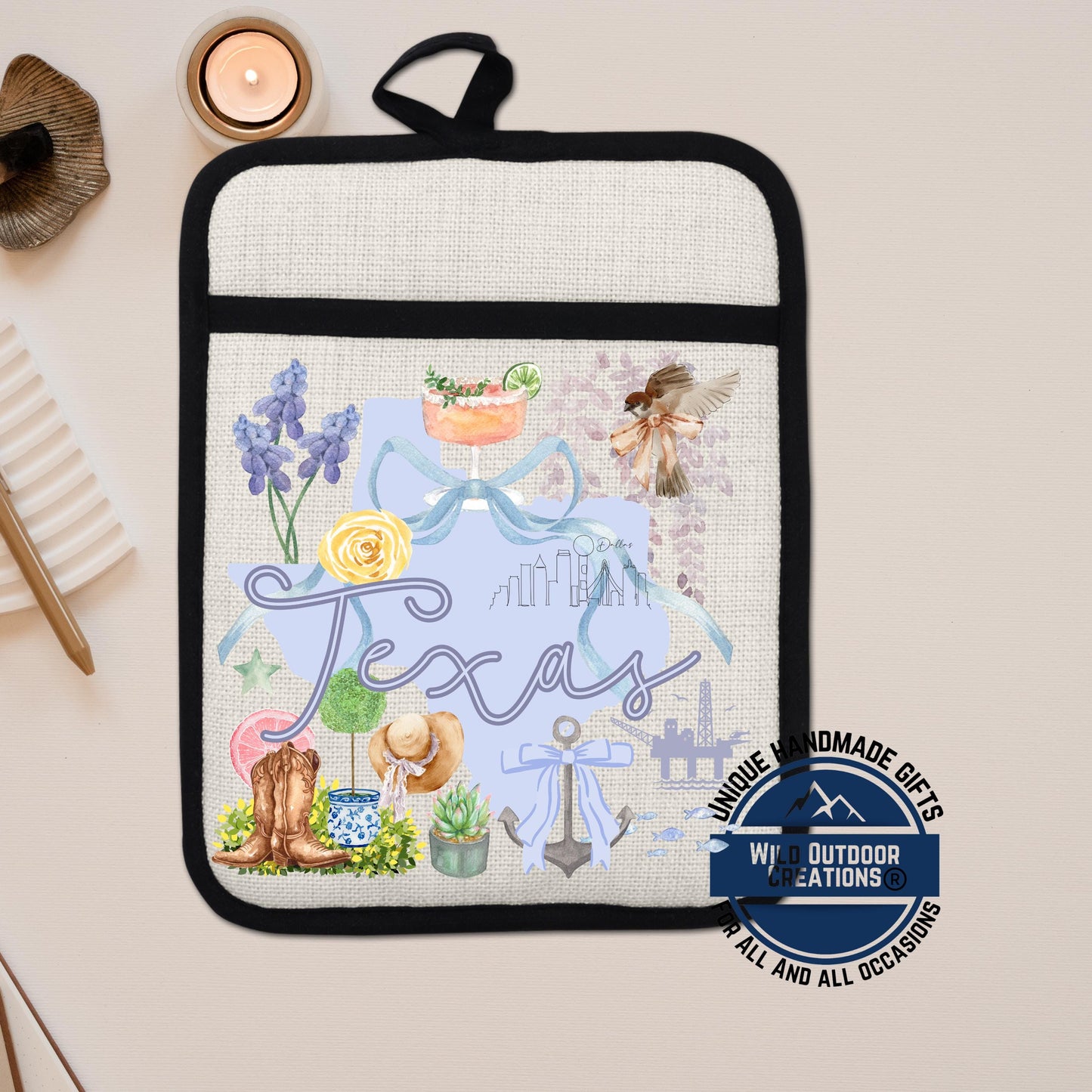 Texas Pocket Pot Holder – Non Slip Potholder with Watercolor Design & Heat Resistant Pocket - additional angle
