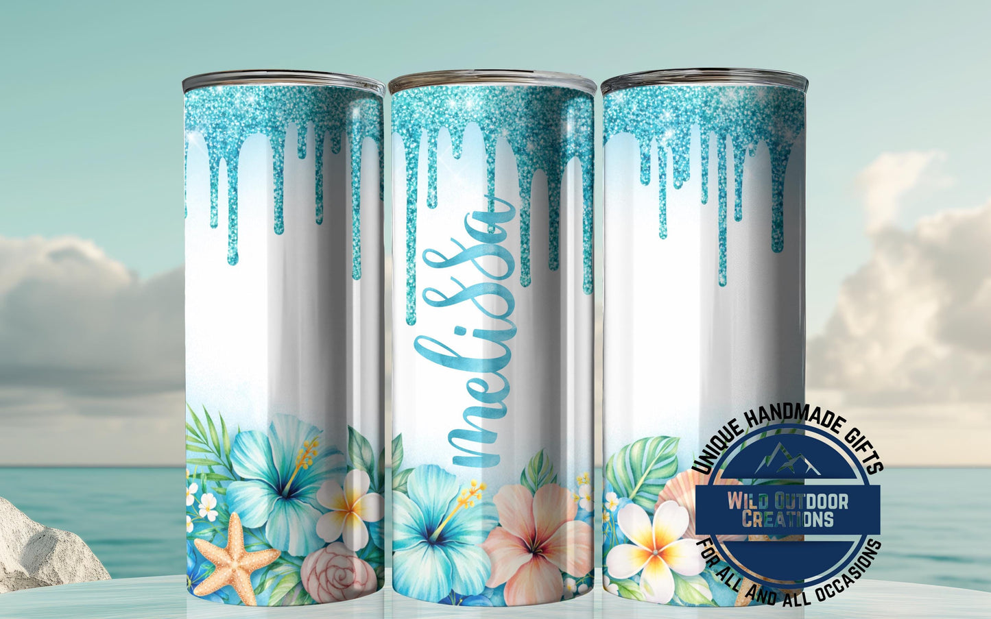 Personalized Tropical Tumbler - Double Wall Tumbler With Floral Beach Design & Glow Green - detail view of print design