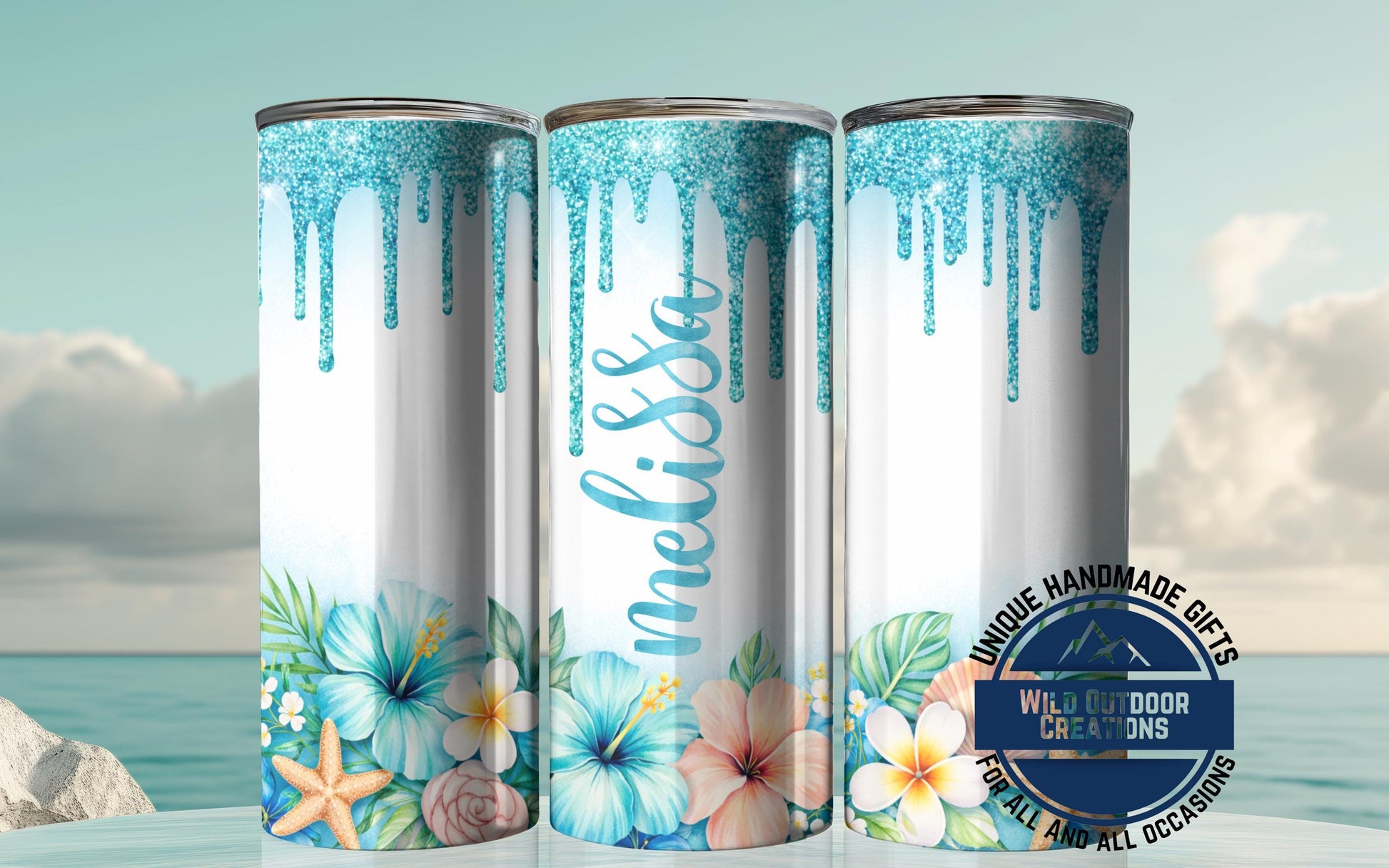Personalized Tropical Tumbler - Double Wall Tumbler With Floral Beach Design & Glow Green - detail view of print design