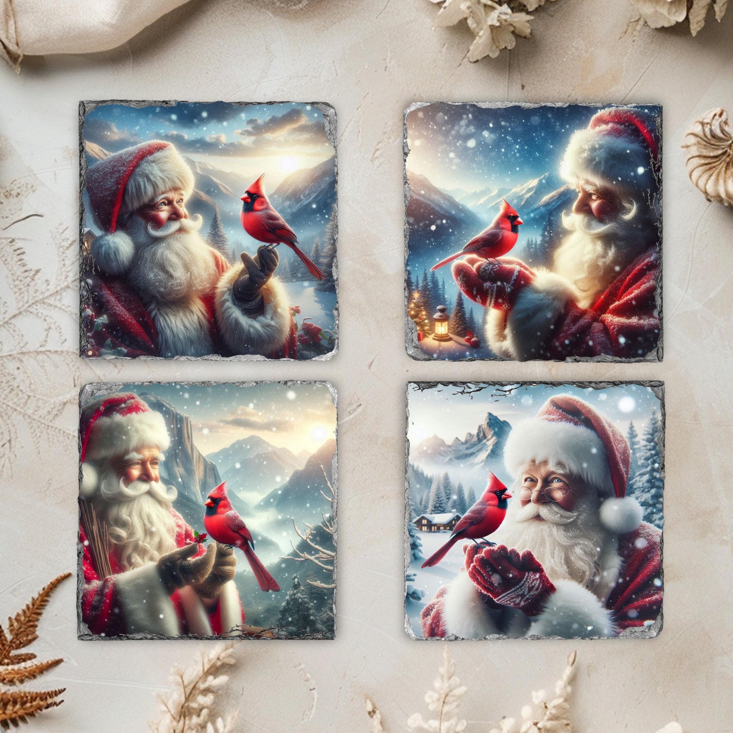 Slate Coaster Set with Santa  Cardinal Winter Scene - Fractured Edged Coasters for Holiday Decor  Gifting