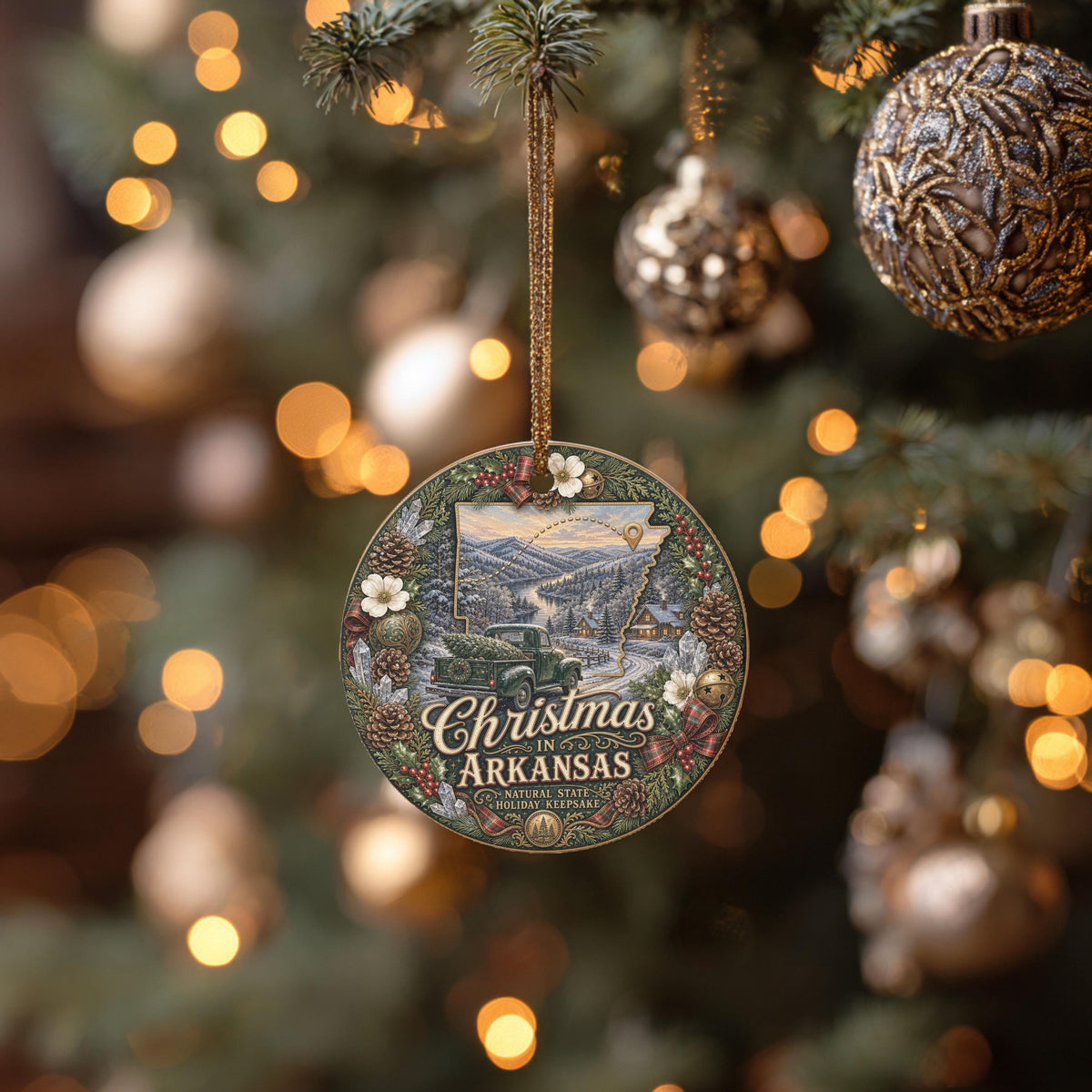 Arkansas Christmas Ornament, Vintage Truck River Ceramic Keepsake