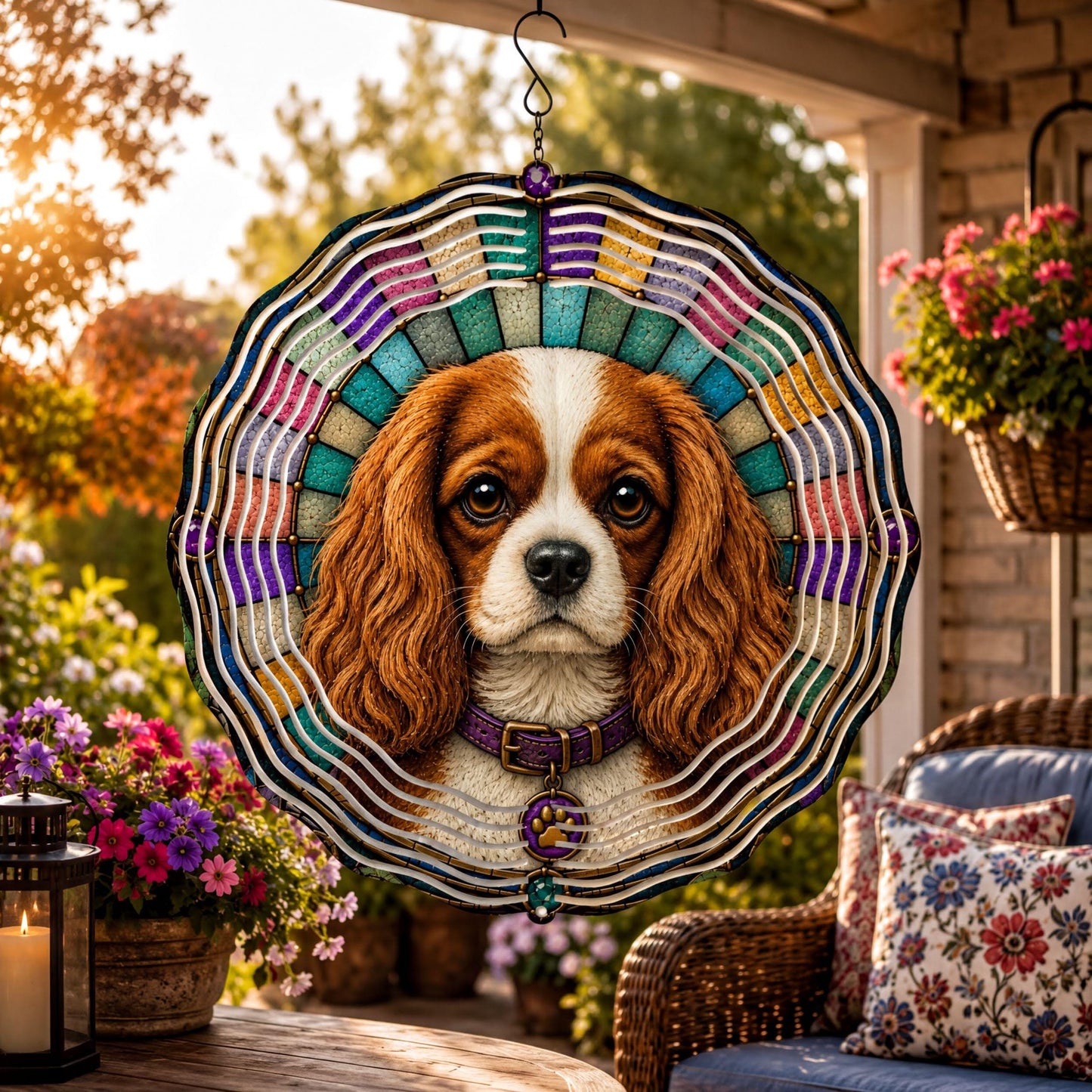 Cavalier King Charles Spaniel Wind Spinner Faux Stained Glass Dog Garden Decor Gift