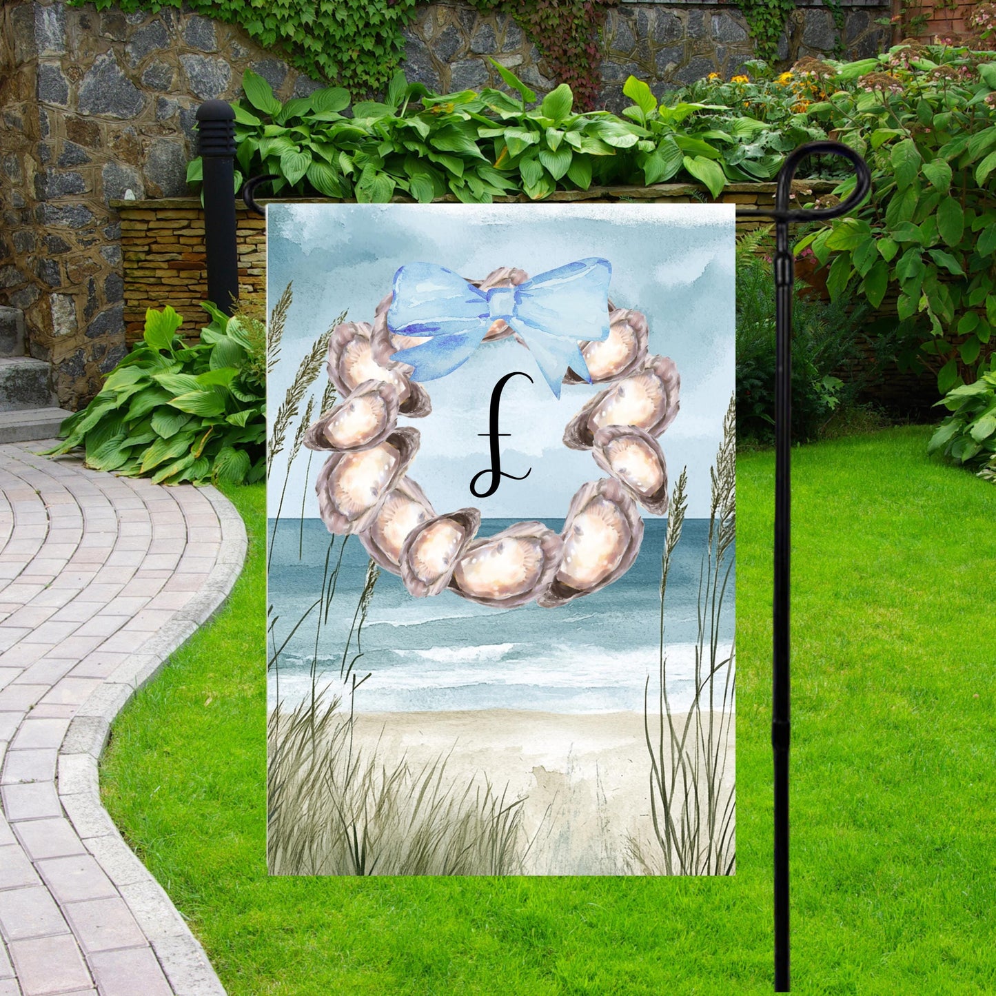 Custom Beach Initial Garden Flag with Oyster Wreath  Blue Bow Decoration