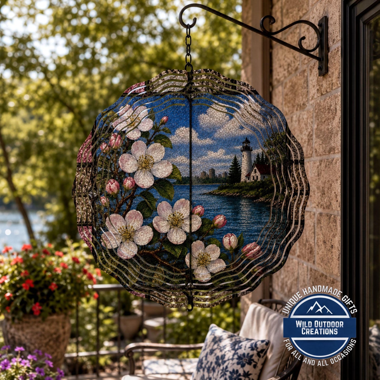 Michigan State Flower Apple Blossom Wind Spinner Stained Glass Look Lighthouse Decor 10 Inch