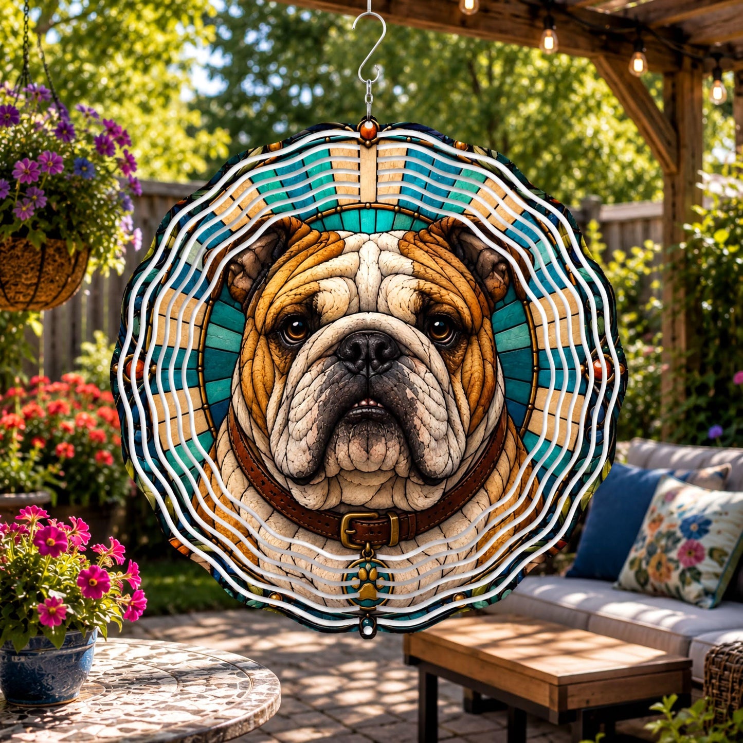 English Bulldog Wind Spinner Mosaic Art Dog Lover Gift Garden Yard Decor