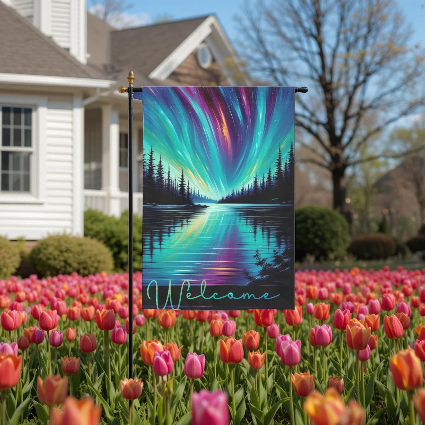 Northern Lights Garden Flag - Aurora Borealis Lake Reflection Outdoor Yard Decor - alternate view