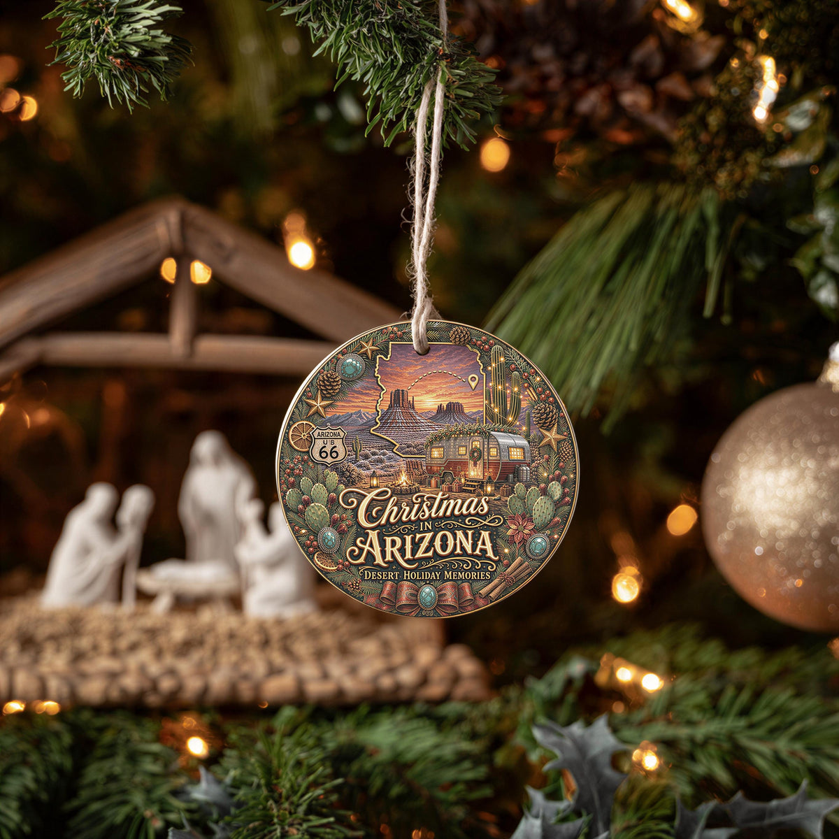 Arizona Christmas Ornament | Ceramic Keepsake | Desert Sunset Camper
