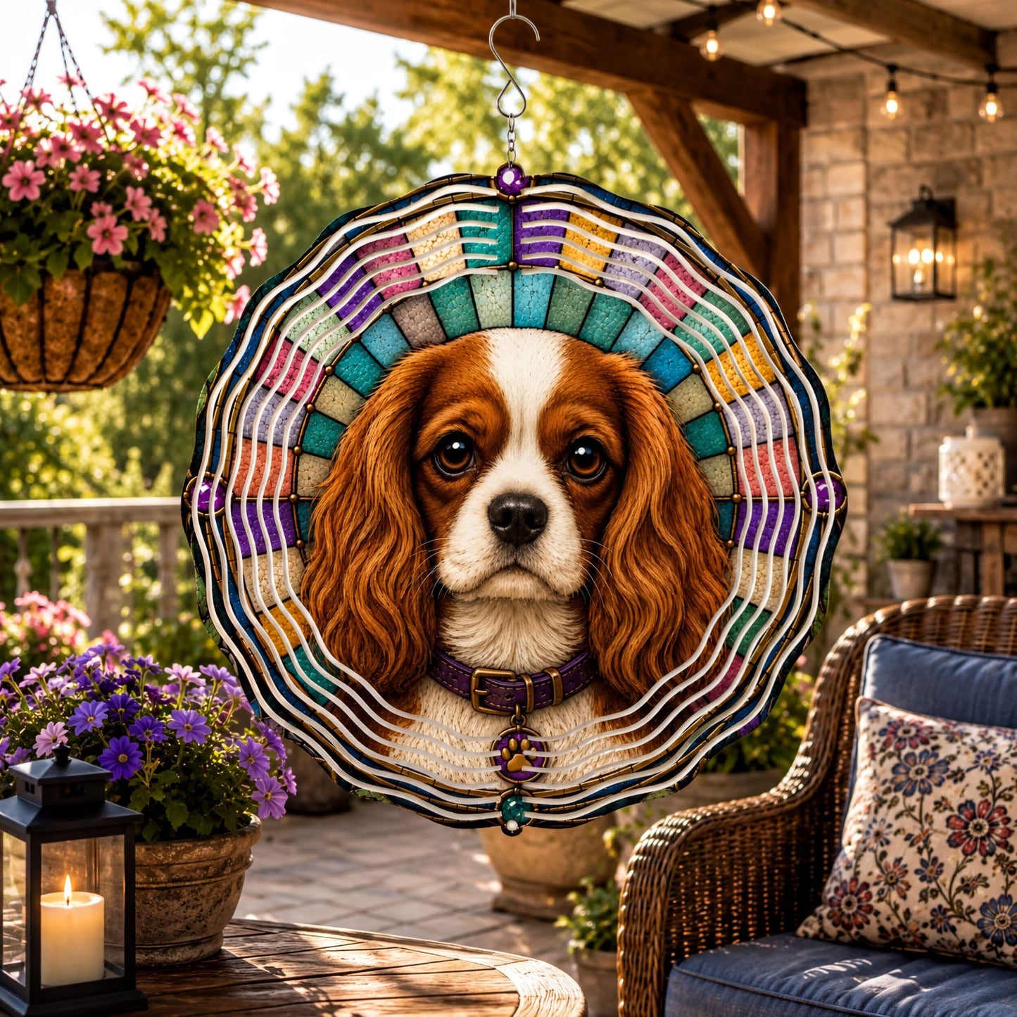 Cavalier King Charles Spaniel Wind Spinner Faux Stained Glass Dog Garden Decor Gift