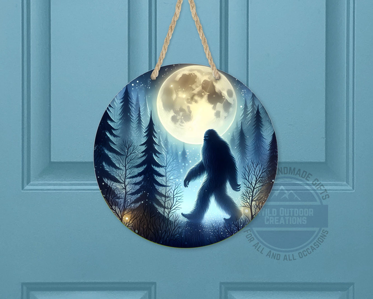 Bigfoot Door Hanger - Aluminum Round Porch Sign With Moonlit Forest Decor - product dimensions and specifications