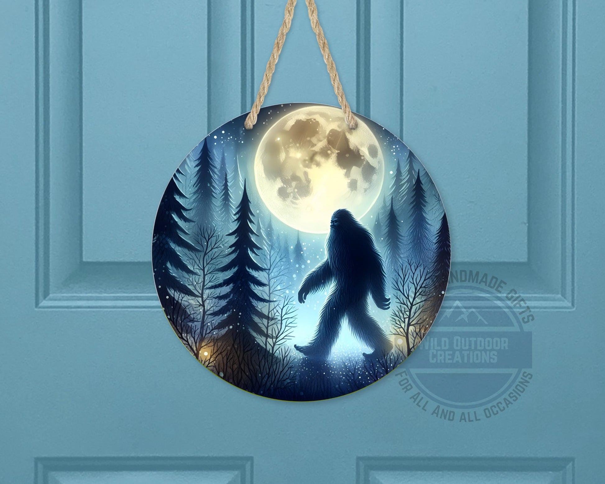 Bigfoot Door Hanger - Aluminum Round Porch Sign With Moonlit Forest Decor - product dimensions and specifications