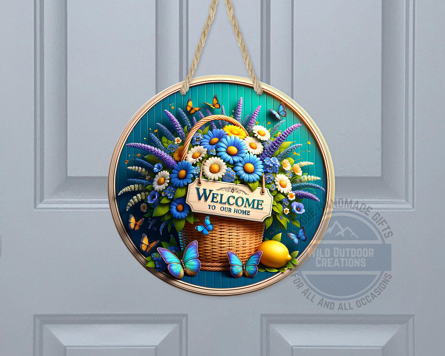 Welcome Door Sign – Blue Daisy Floral Basket | Outdoor Aluminum Porch Decor - gift presentation view