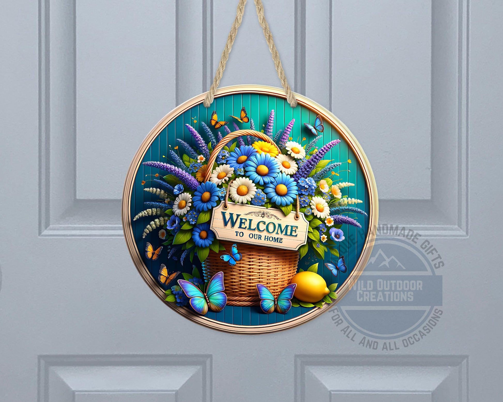 Welcome Door Sign – Blue Daisy Floral Basket | Outdoor Aluminum Porch Decor - gift presentation view