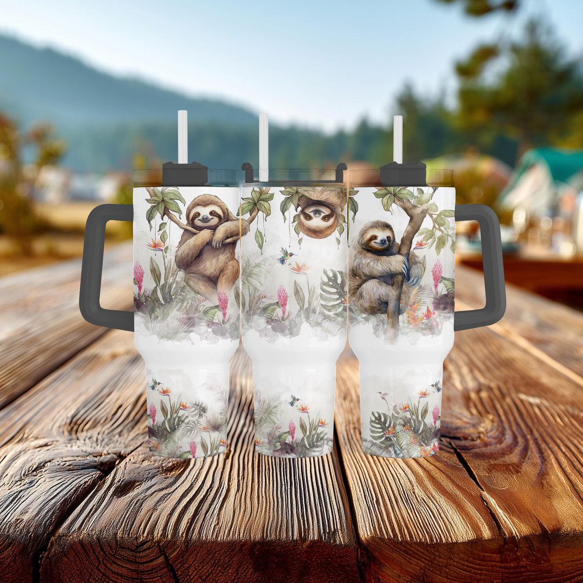 Sloth 40 Oz Tumbler With Handle, Tropical Jungle Floral Cup, Gift