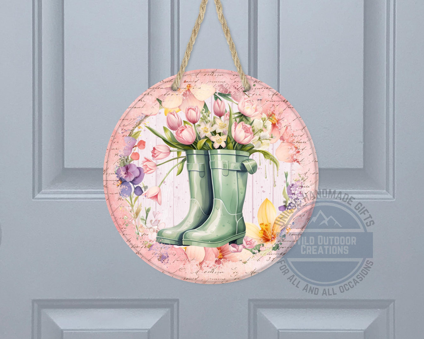 Spring Garden Boots - Pink Tulip Floral Door Hanger | Rustic Farmhouse Charm - gift presentation view