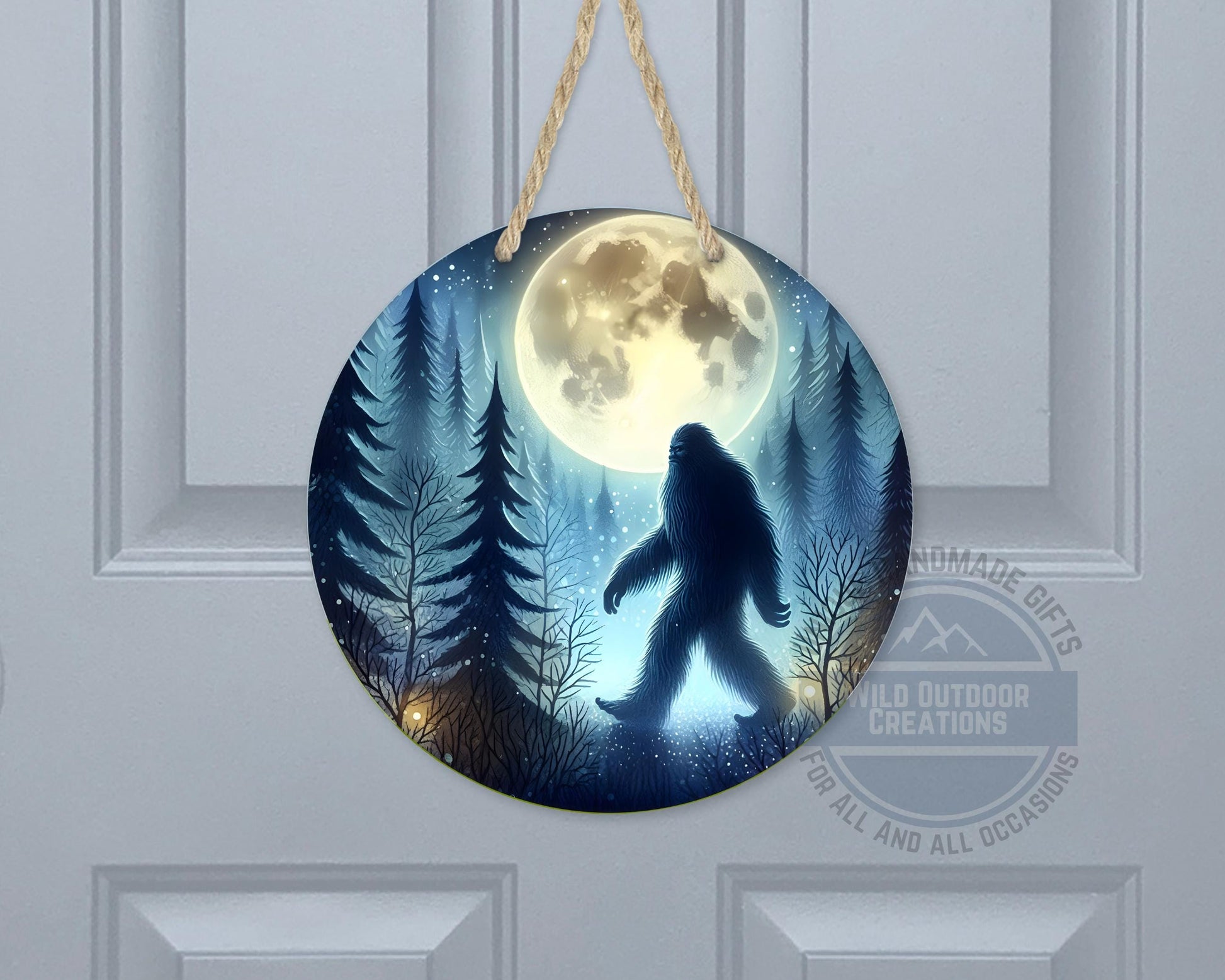 Bigfoot Door Hanger - Aluminum Round Porch Sign With Moonlit Forest Decor - gift presentation view