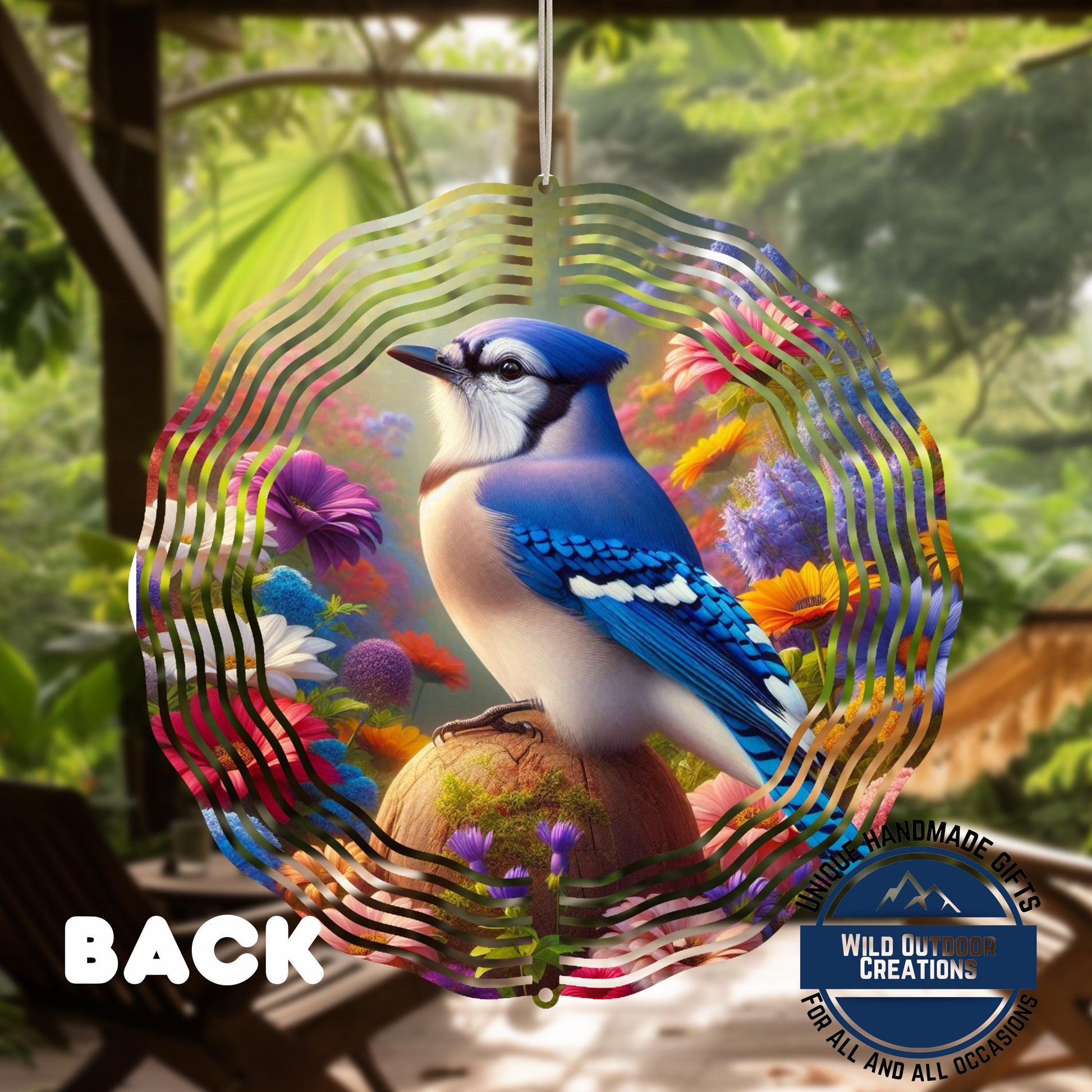Blue Jay Wind Spinner – 10 Inch Outdoor Wind Spinner with 360 Swivel Hook - gift presentation view