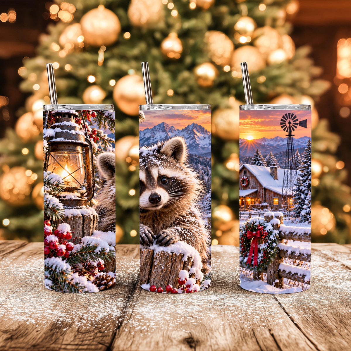 Raccoon Tumbler, 20 Oz Skinny, Snowy Cabin Lantern Holiday Gift