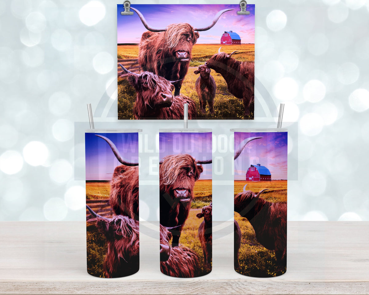 Highland Cow Tumbler, Farm Scene Travel Cup, Stainless Steel, 20Oz