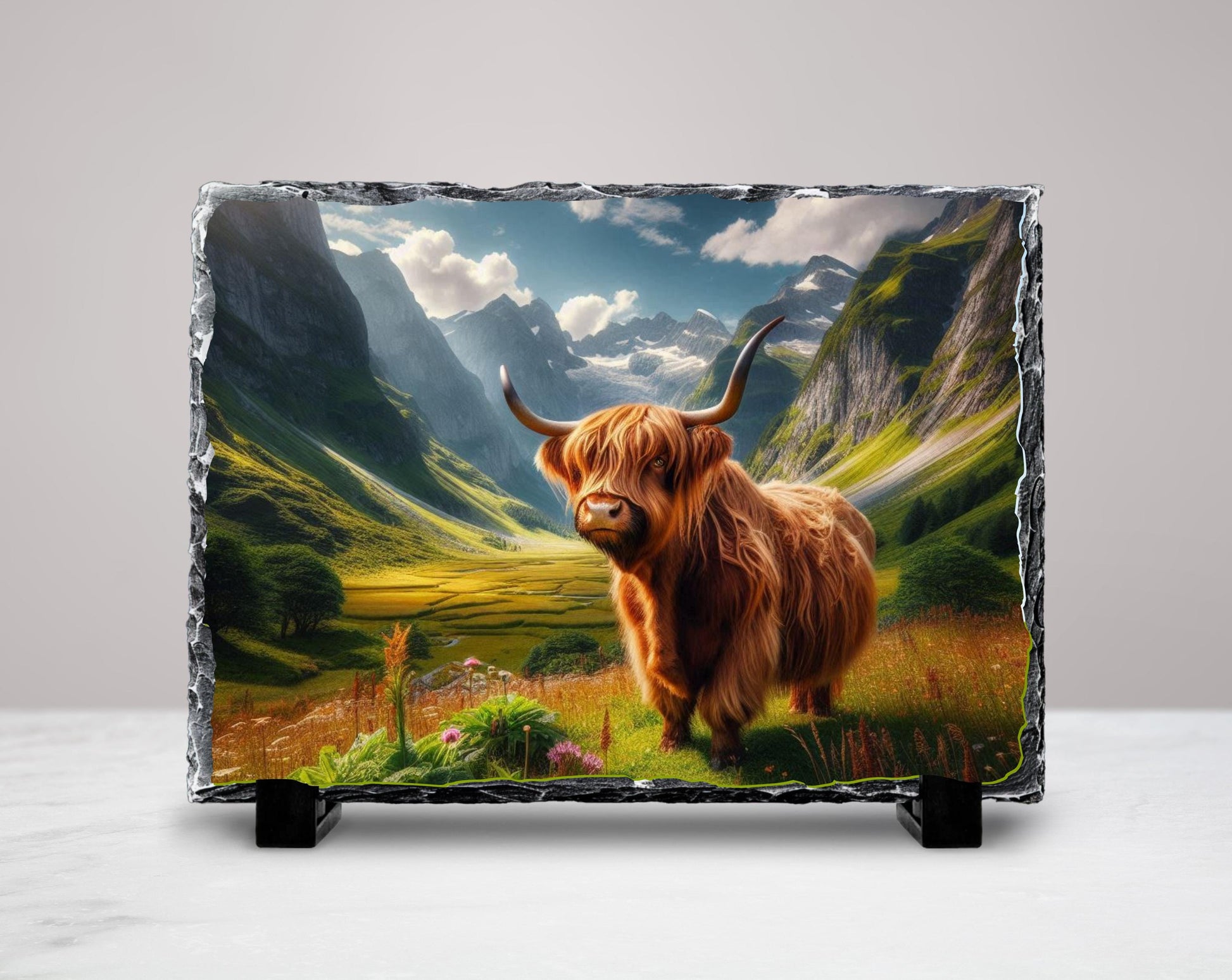 Highland Cow Slate Plaque – Durable Natural Stone Decor with Mountain View - detail view