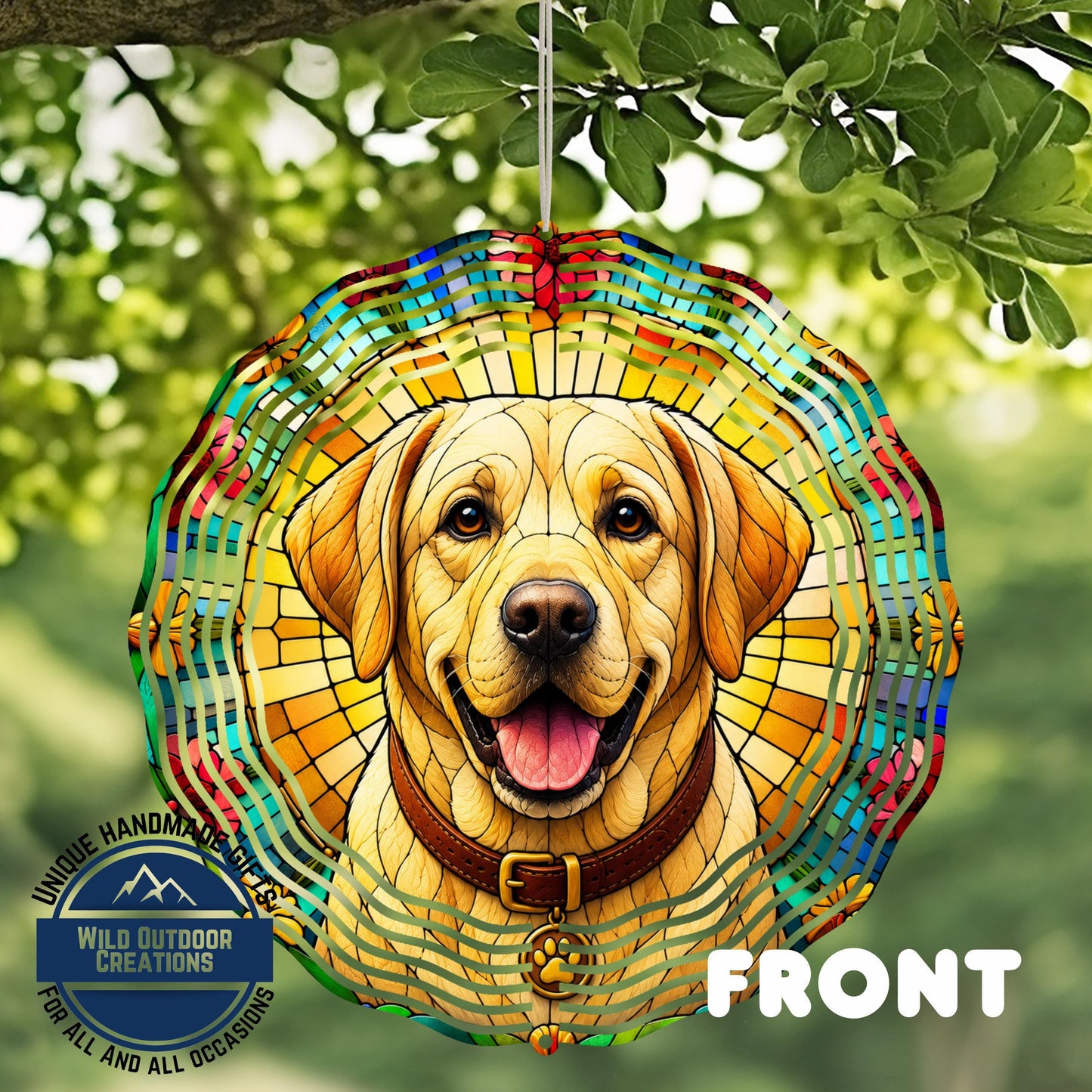 Yellow Lab Wind Spinner - 10 Inch Faux Stained Glass Metal Garden Decor