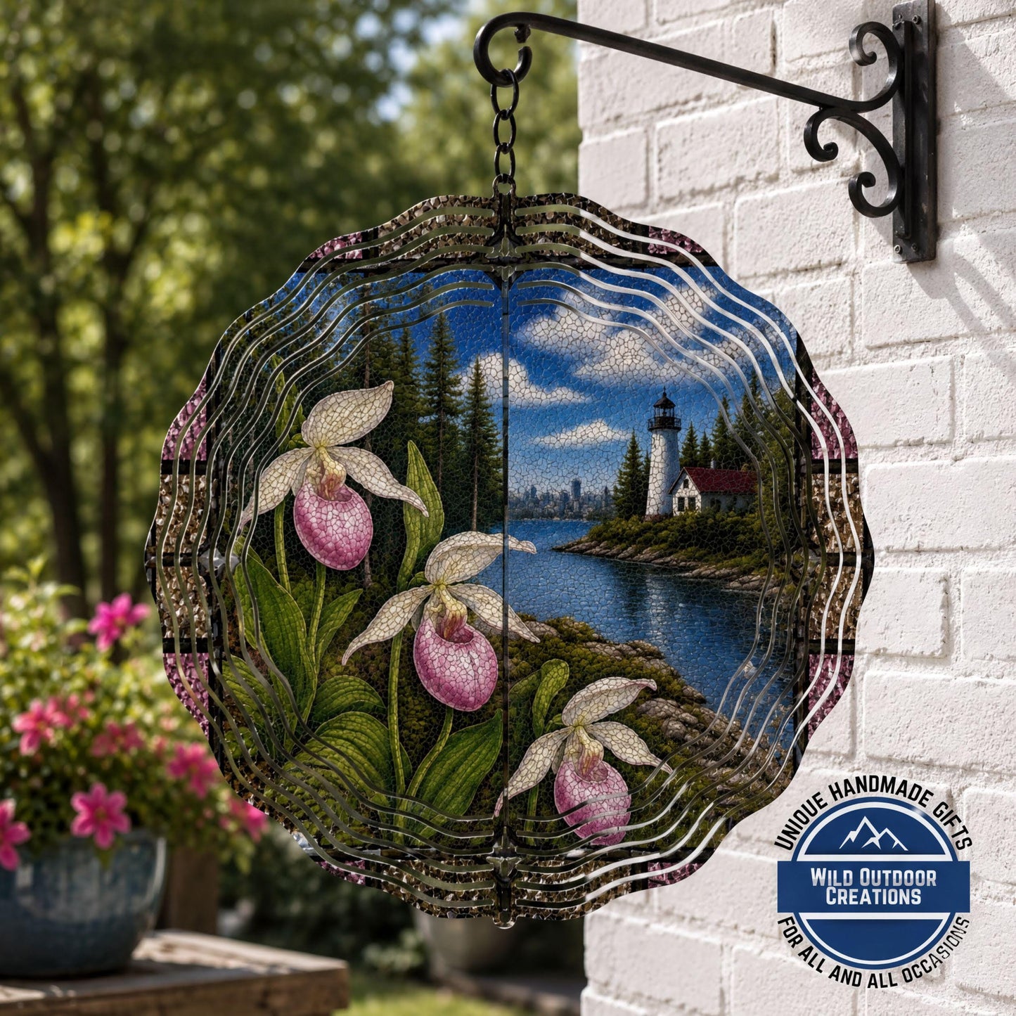 Minnesota State Flower Lady Slipper Wind Spinner Stained Glass Look Lighthouse Decor 10 Inch