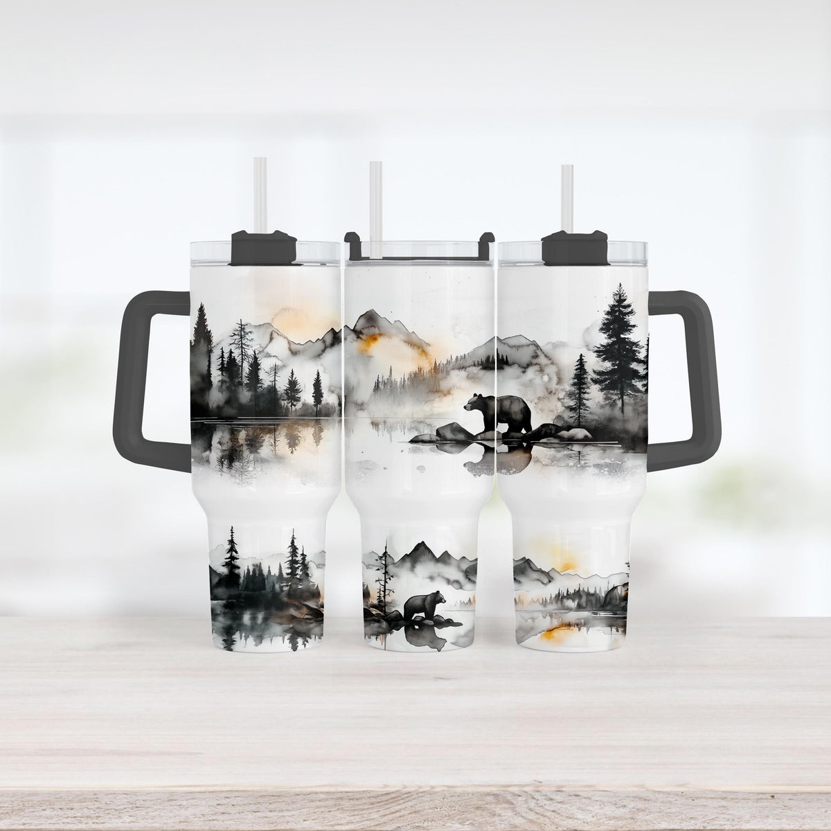 Black Bear Tumbler, 40 Oz Handle Cup, Misty Mountain Watercolor