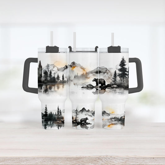 Black Bear Tumbler, 40 Oz Handle Cup, Misty Mountain Watercolor