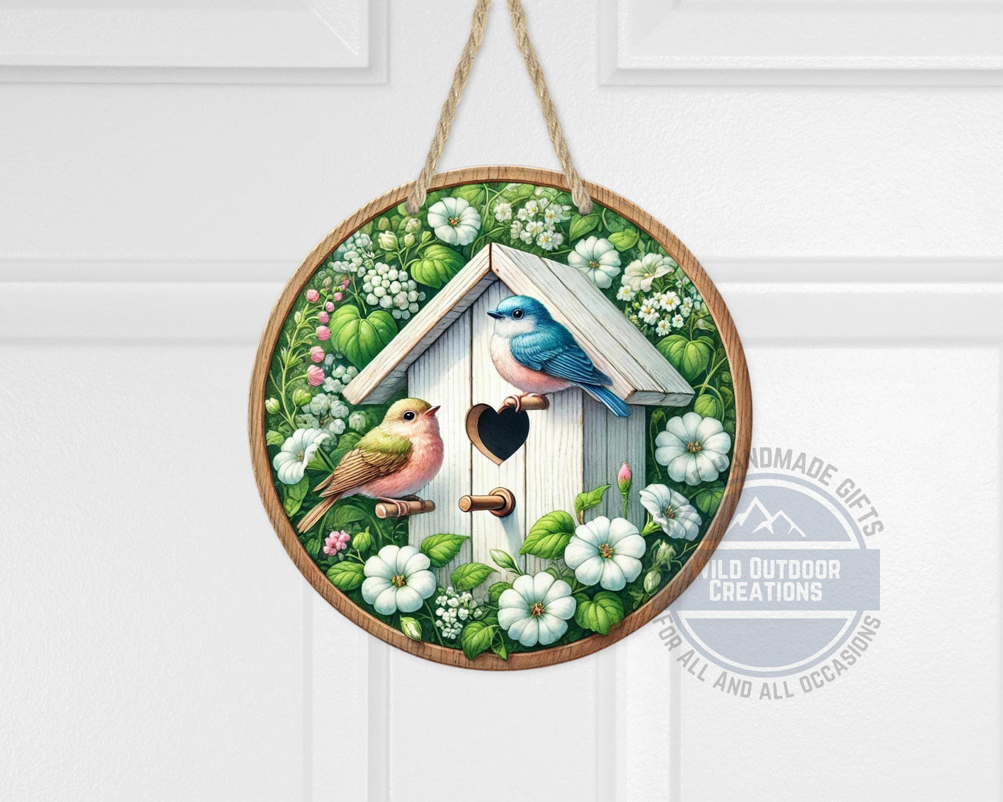 Birdhouse Door Hanger – Spring Door Decor with Songbird Porch Welcome Sign - alternate view