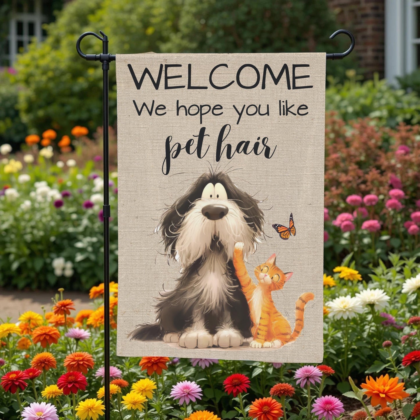 Pet Hair Garden Flag - Funny Welcome Dog And Cat Outdoor Decor 12x18 Sublimation - additional angle
