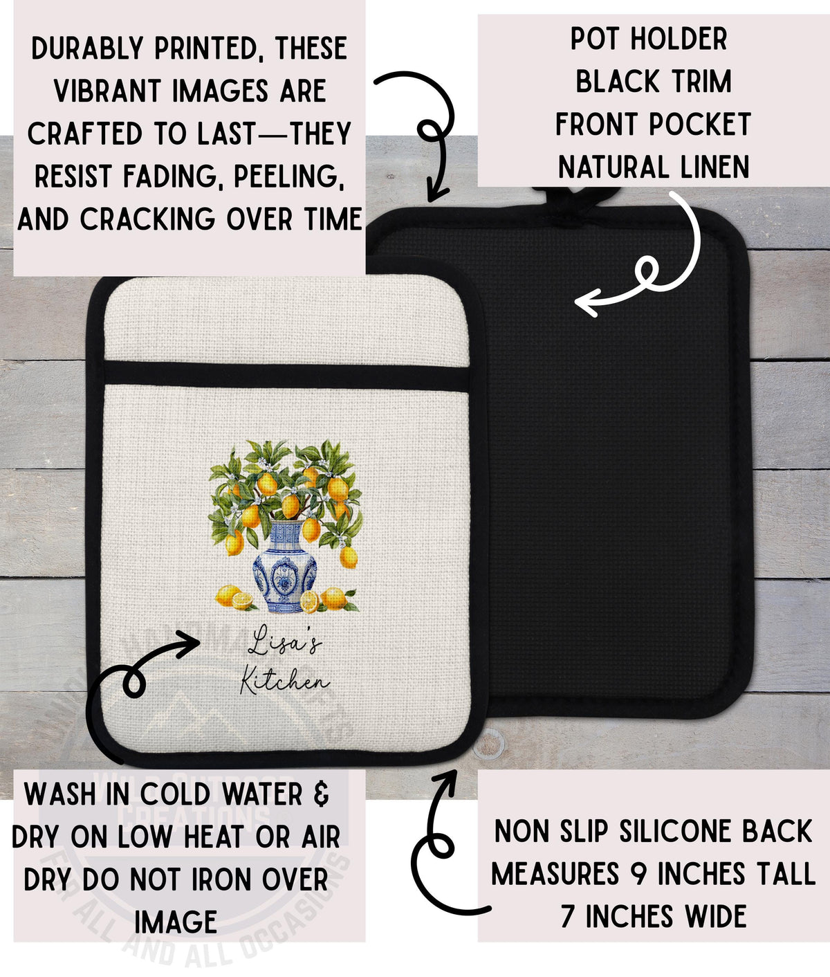 The image is a detailed description of a kitchen accessory, specifically a pot holder. It features a black and white design with a floral pattern and a blue vase with lemons. The pot holder is made of durable materials and has a non-slip back and a non-slip lining. It is designed to resist fading, peeling, and cracking over time. The pot holder is suitable for use with cold water and can be washed in cold water and dried on low heat or air. It measures 9 inches tall and 7 inches wide.