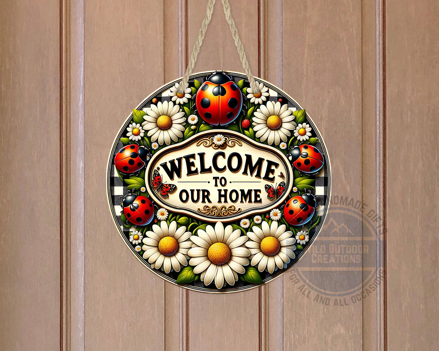 Welcome Door Hanger - Outdoor Aluminum Round Sign With Ladybug & Daisy Design - product dimensions and specifications