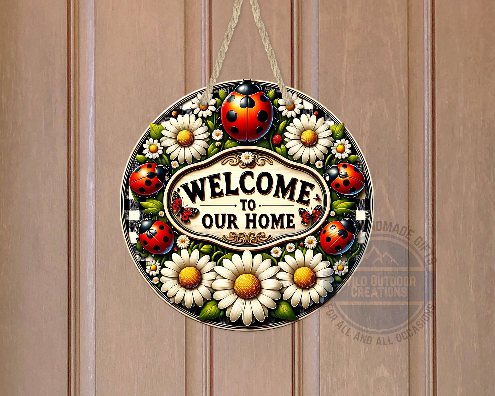 Welcome Door Hanger - Outdoor Aluminum Round Sign With Ladybug & Daisy Design - product dimensions and specifications
