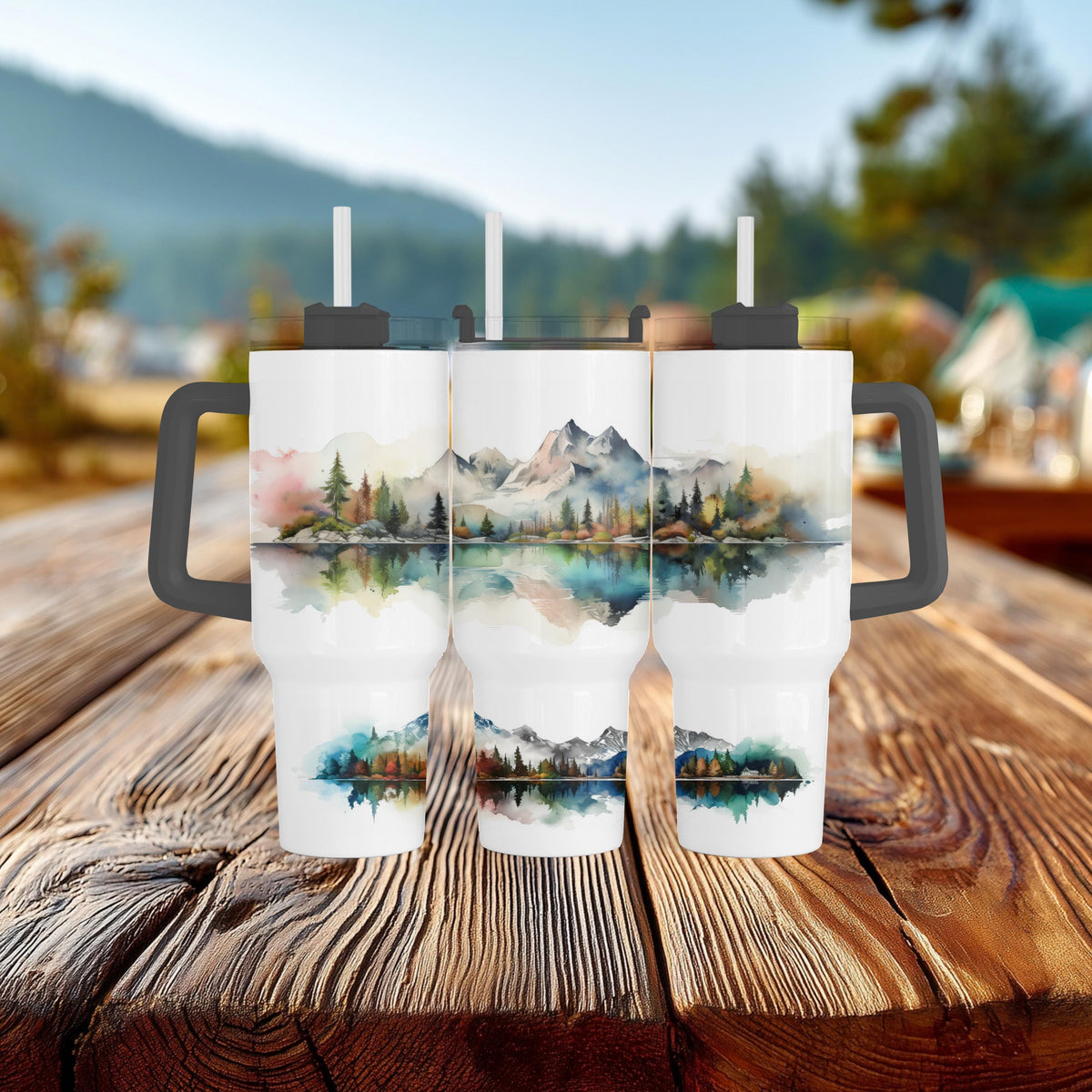 Mountain Lake Tumbler, 40 Oz Watercolor Handle, Forest Landscape
