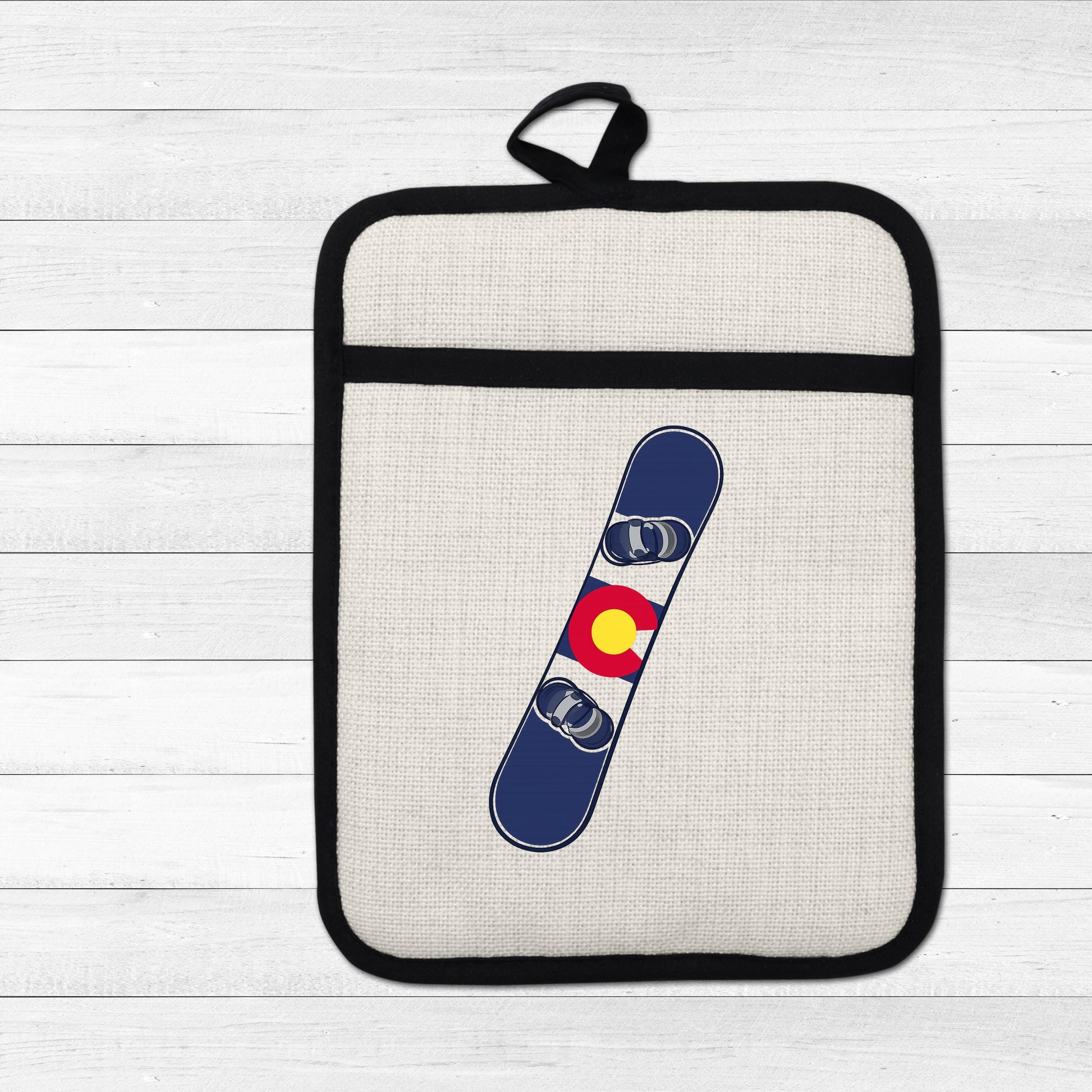 Snowboard Pot Holder - Colorado Flag Design | Linen Fabric & Silicone Backing Pad Trivet - product dimensions and specific...