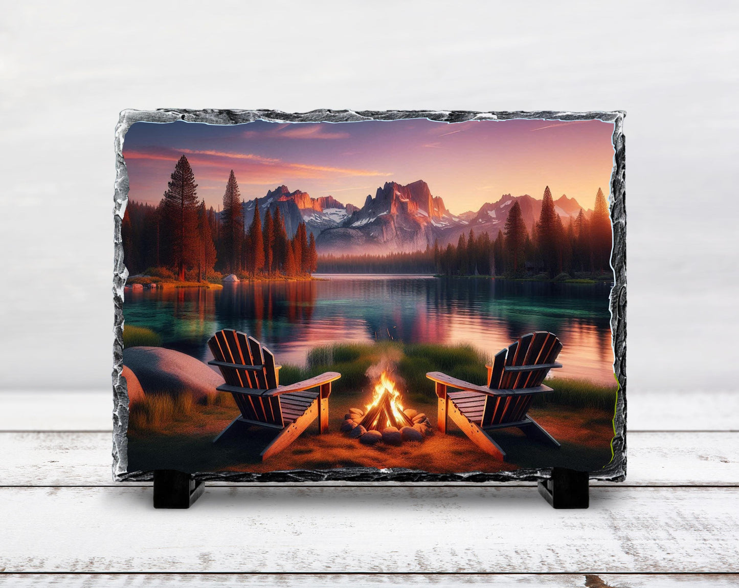 Lake House Decor Rustic Cabin Slate Art - Mountain Campfire Scene Plaque - scale and size reference