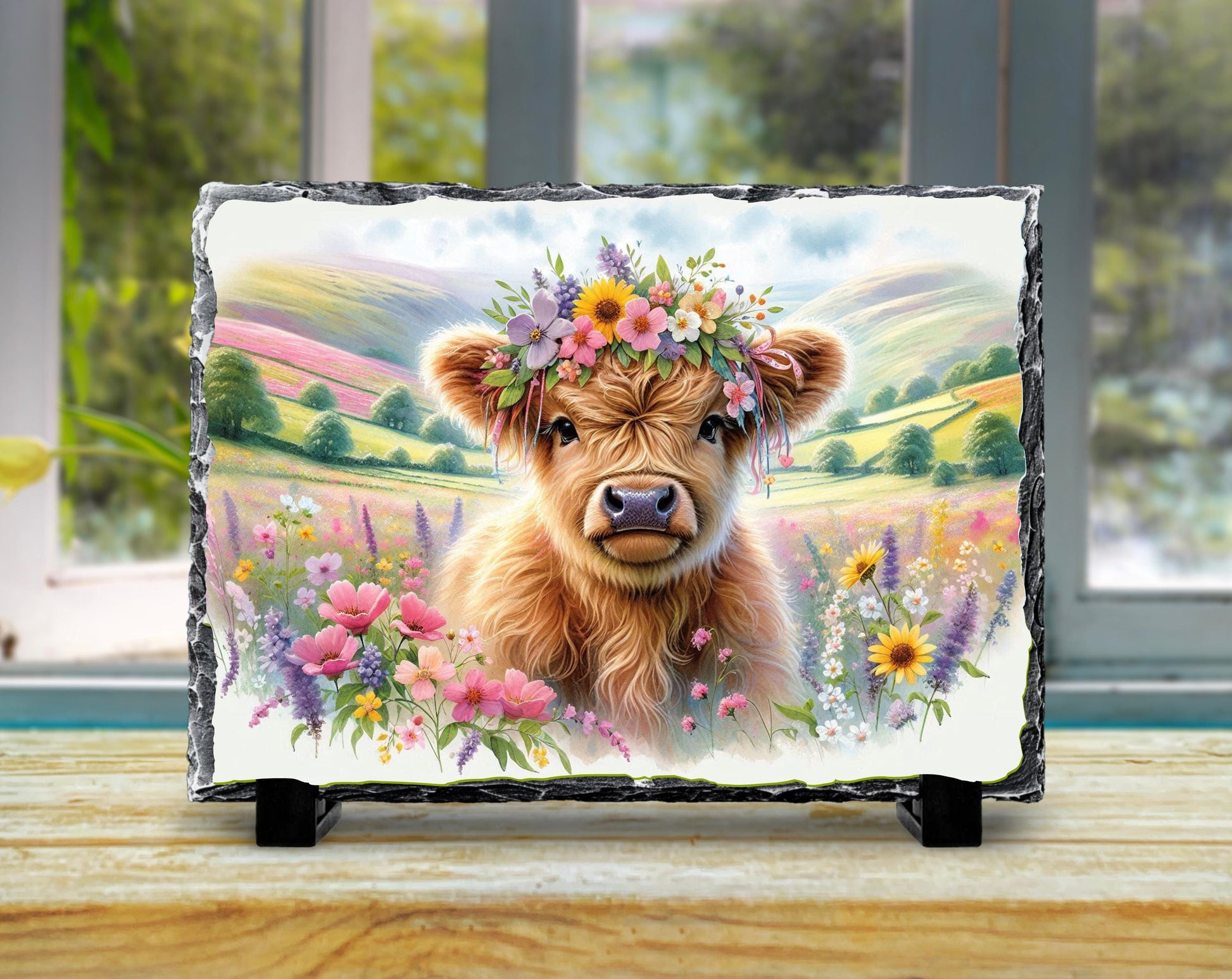 Highland Cow Slate Sign – Rustic Slate Plaque with Baby Calf Floral Headband - packaging and presentation