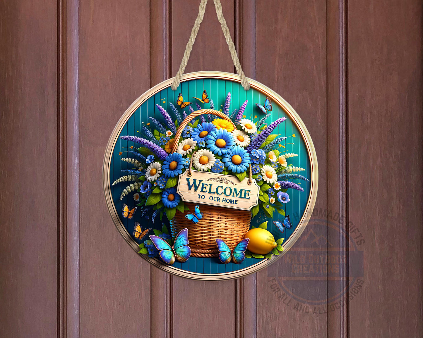 Welcome Door Sign – Blue Daisy Floral Basket | Outdoor Aluminum Porch Decor - displayed on front door