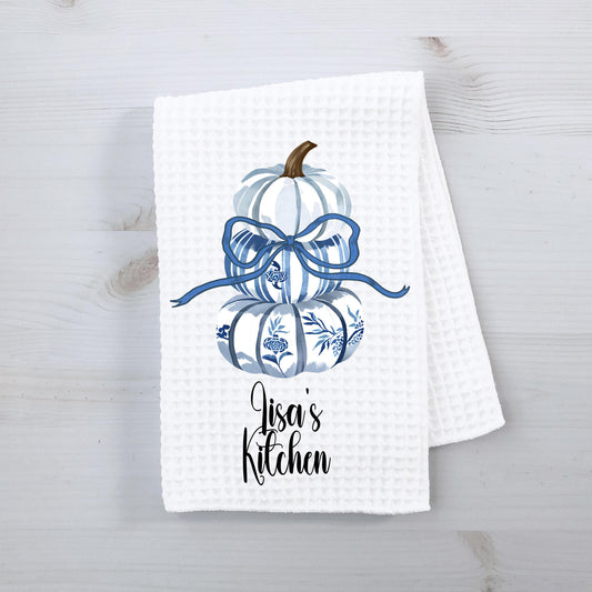 Personalized Blue Pumpkin Topiary Towel - 16x24 Waffle Weave Microfiber with Bow for Chinoiserie Fall Decor