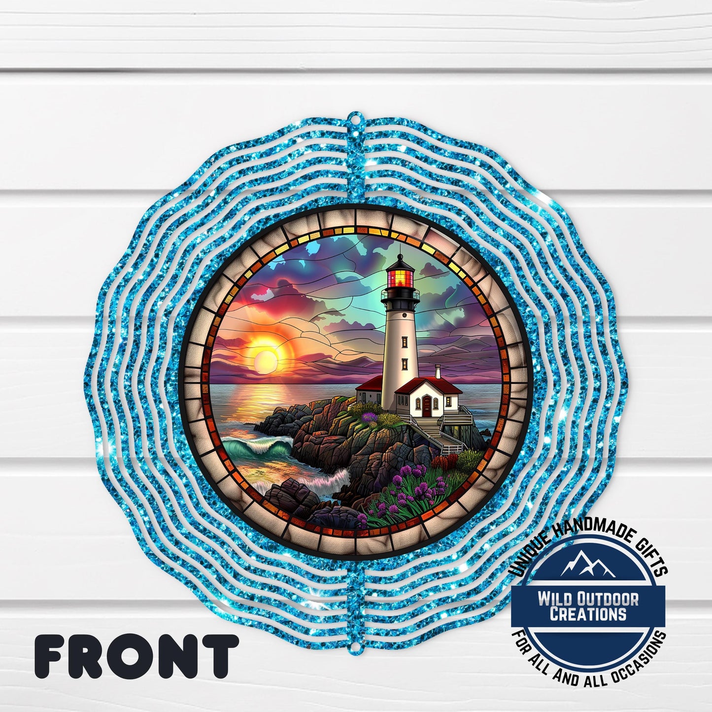 Lighthouse Wind Spinner - Double Sided Coastal Yard Art with 360 Swivel Hook - back side design view