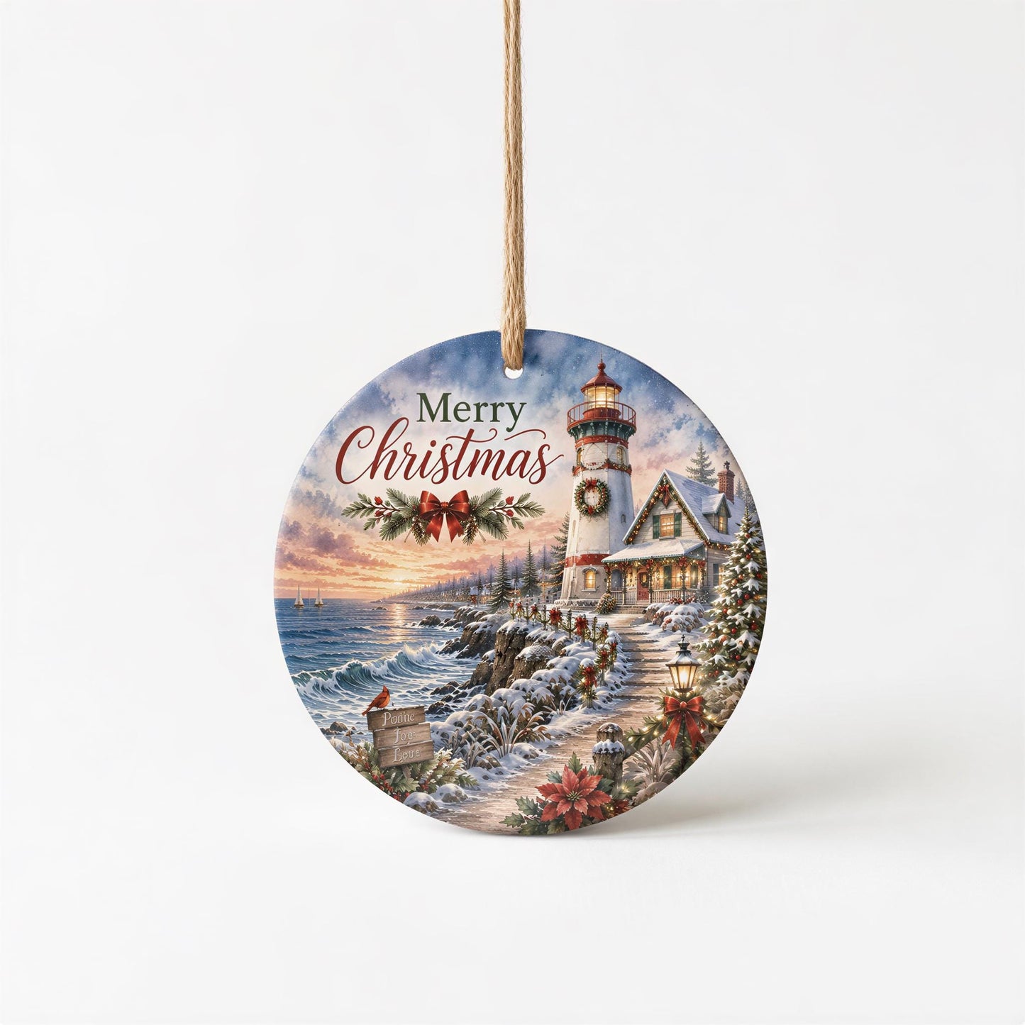 Lighthouse Christmas Ornament, Snowy Coastal Scene | Ceramic 3 Inch