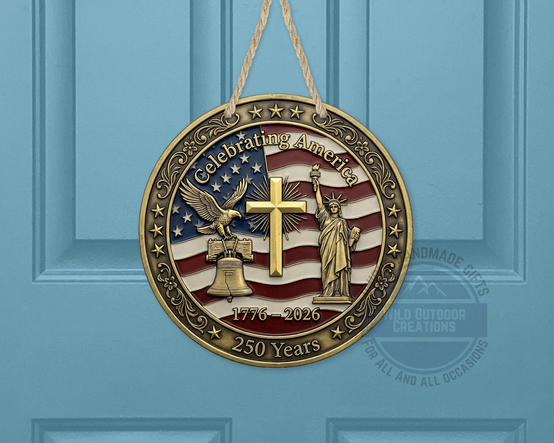 Patriotic Door Decor - America 250 Years Aluminum Door Sign 10" USA Hanger - product dimensions and specifications