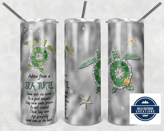 Sea Turtle Tumbler, 20Oz Stainless Steel Silver Sublimation, Lid & Straw