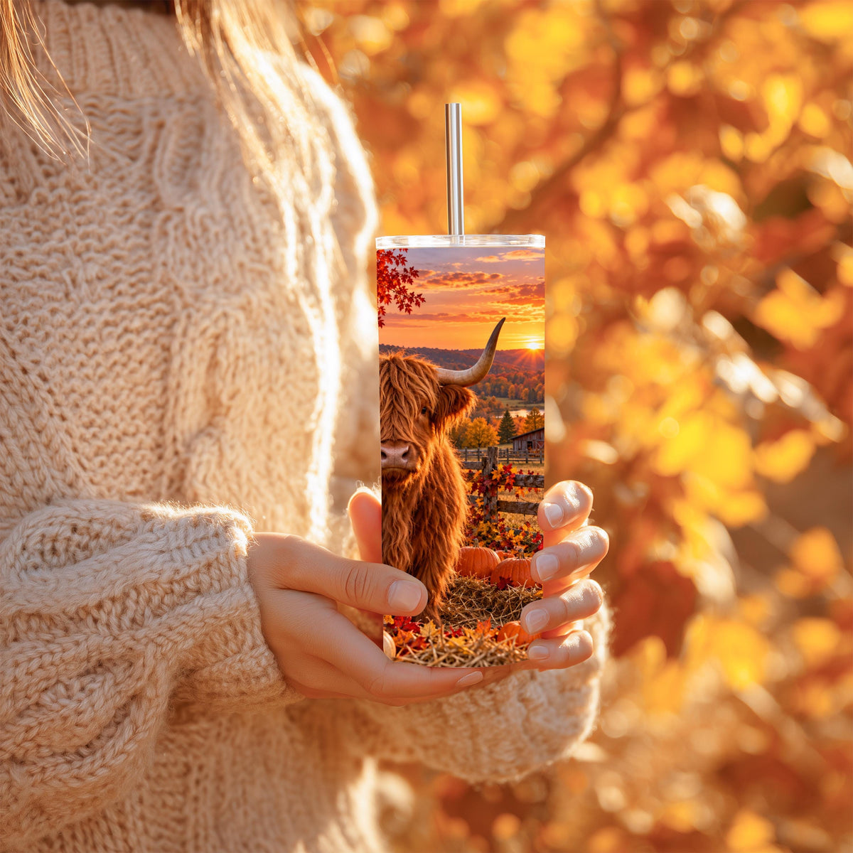 20 Oz Skinny Tumbler, Highland Cow Fall Pumpkin Patch, Red Barn