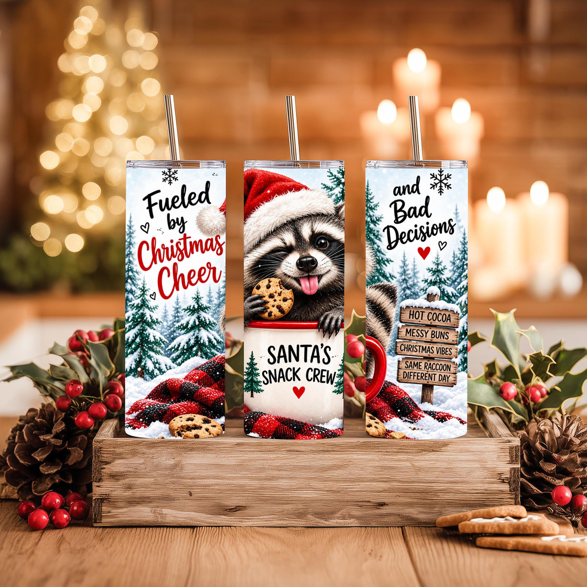 Raccoon Tumbler, 20 Oz Skinny, Buffalo Plaid Santa Hat Gift Cup