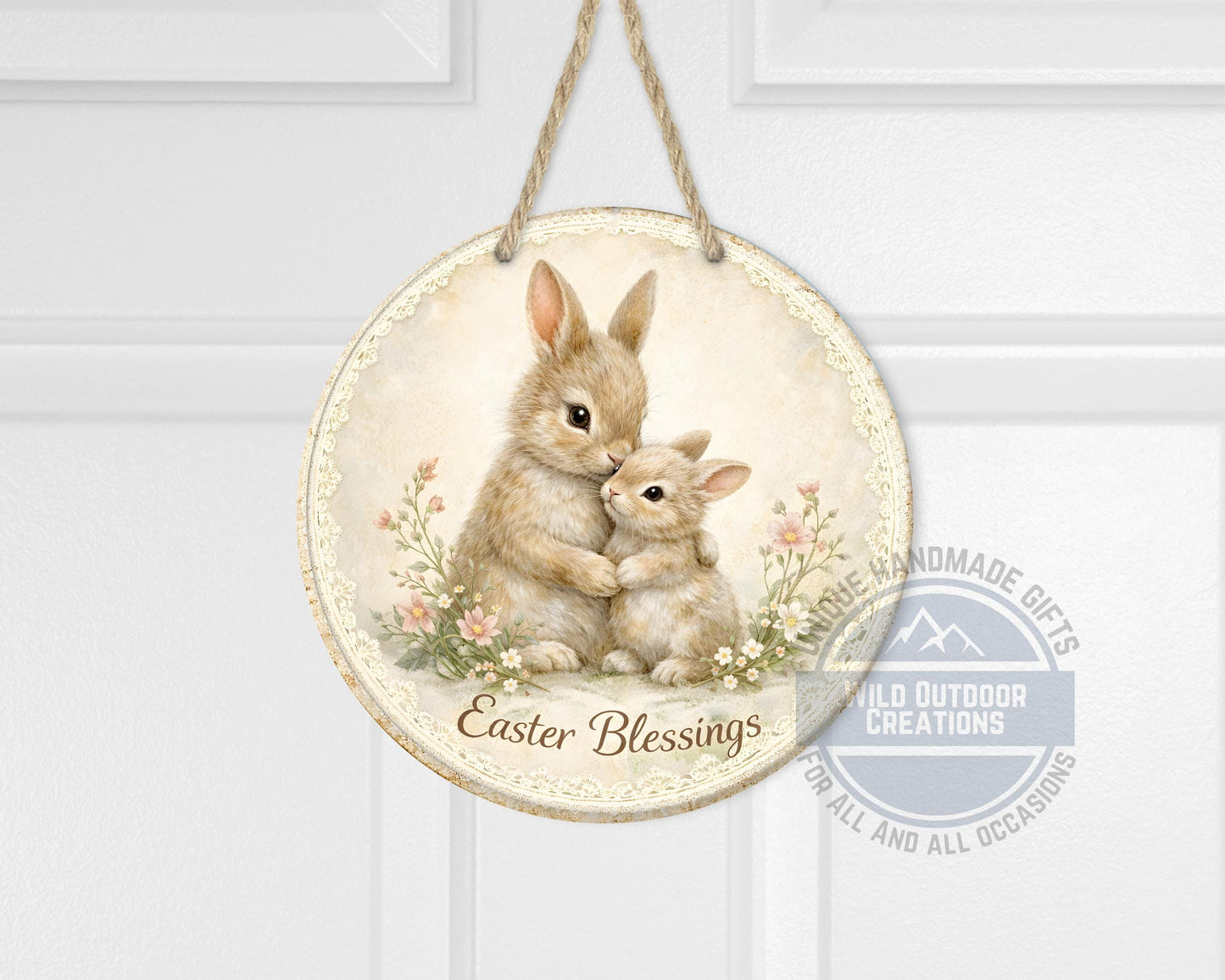 Spring Bunny Door Hanger – Floral Easter Sign | 10" Round Aluminum Decor - alternate view
