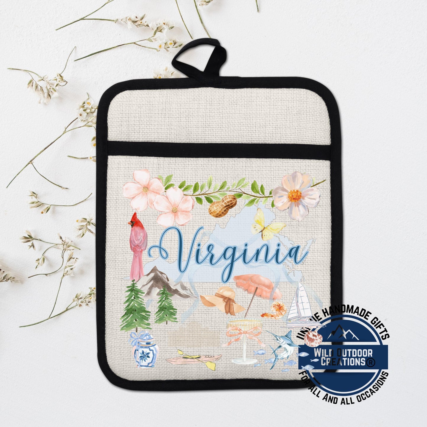 Virginia Pot Holder – Linen Kitchen Accessory With Cardinal Watercolor Design - scale and size reference