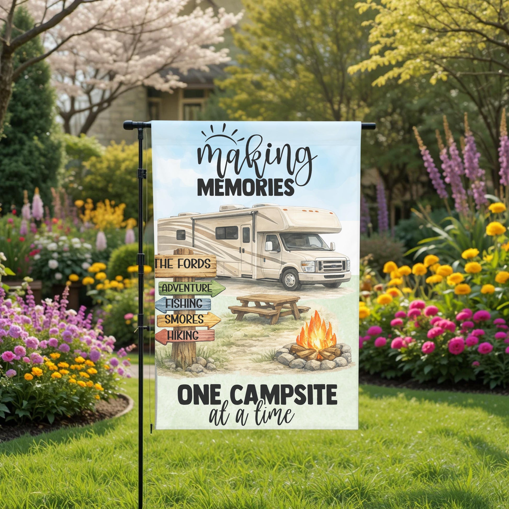 Class C Motorhome Flag - Personalized Camper Garden Flag | Custom Family Name Outdoor Decor - design detail