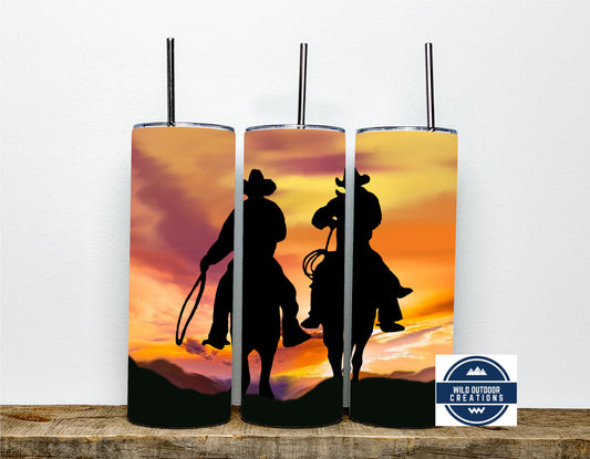 Iced Coffee Tumbler, Cowboy Sunset, 20 Oz Stainless Steel Cup