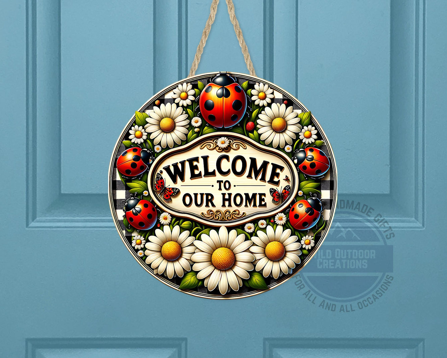 Welcome Door Hanger - Outdoor Aluminum Round Sign With Ladybug & Daisy Design - gift presentation view